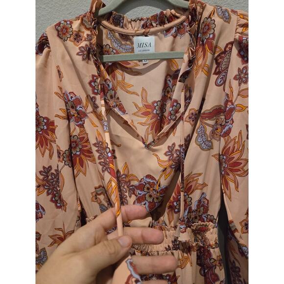 Misa Los Angeles XS Pink Floral Midi Dress Party Cocktail Long Sleeve - Picture 5 of 9